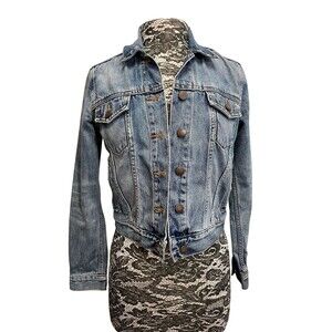 Women's GAP 1969 Distressed Faded Classic Blue Jean Denim Jacket Coat XS‎ Petite